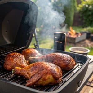Smoked chicken thighs on pellet grill with golden skin