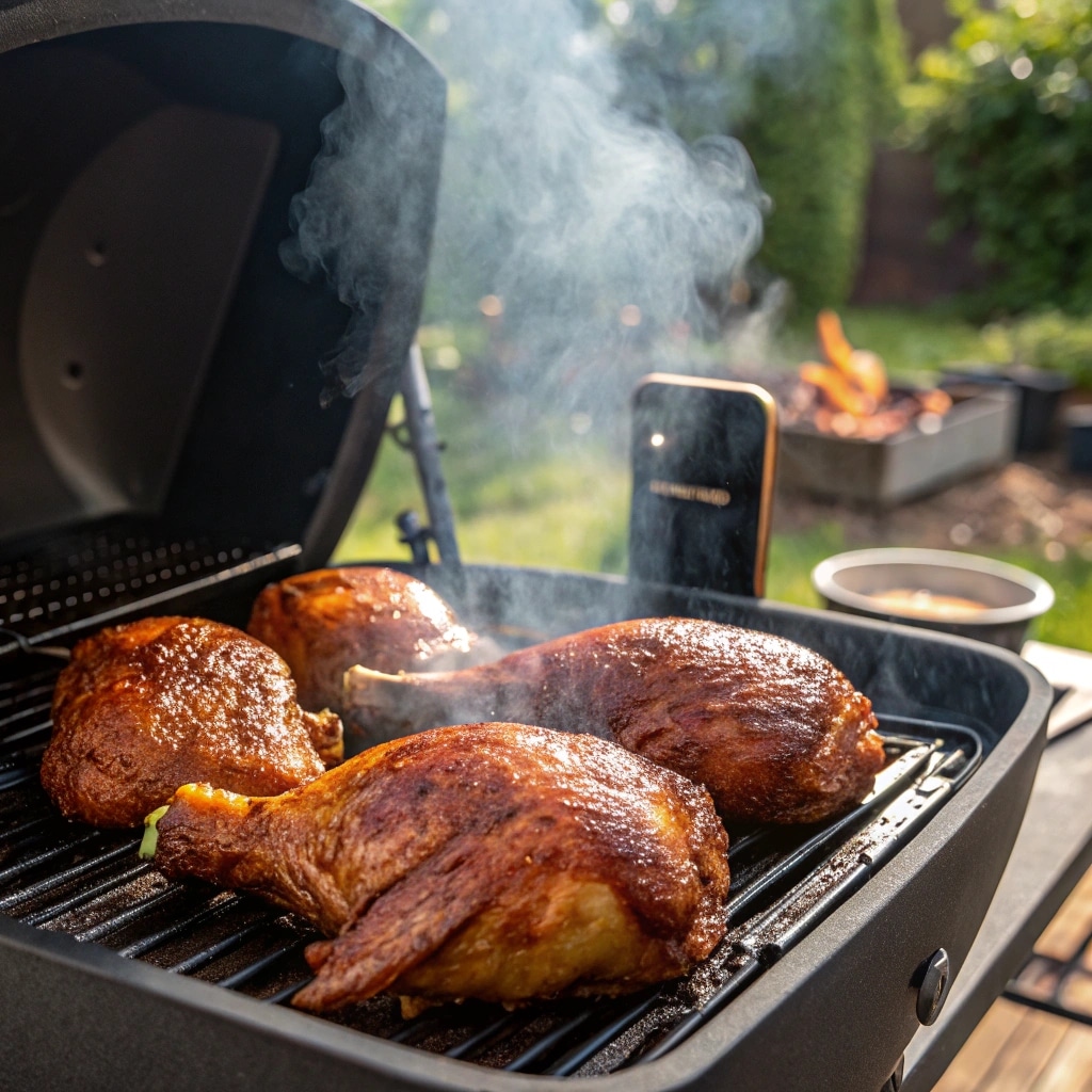Smoked chicken thighs on pellet grill with golden skin