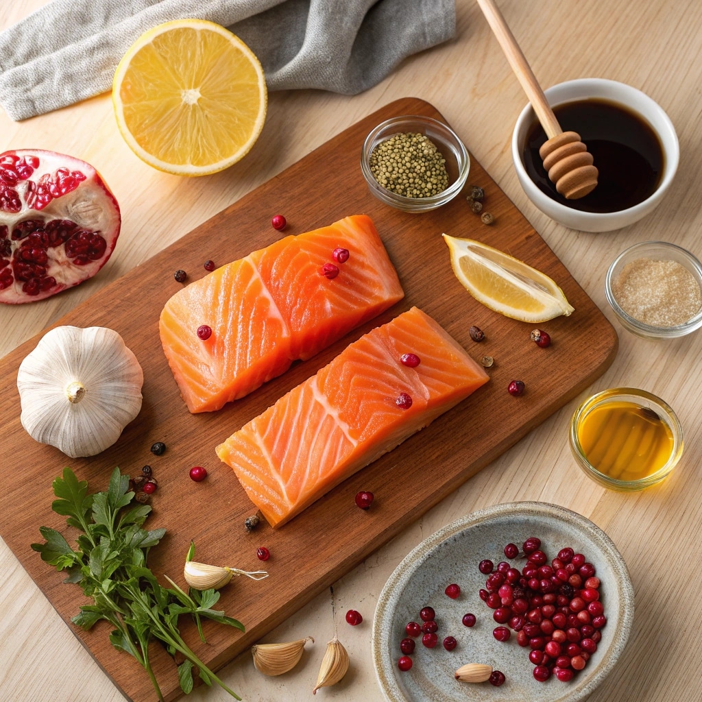Ingredients for air fryer pomegranate-glazed salmon