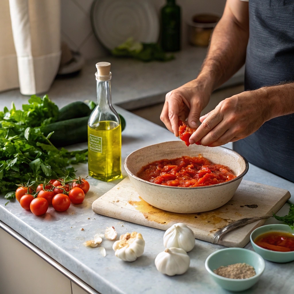 Crushing San Marzano tomatoes for Italian pizza sauce