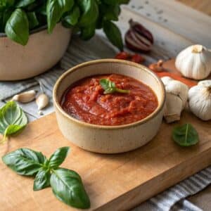 Authentic Italian pizza sauce recipe in ceramic bowl