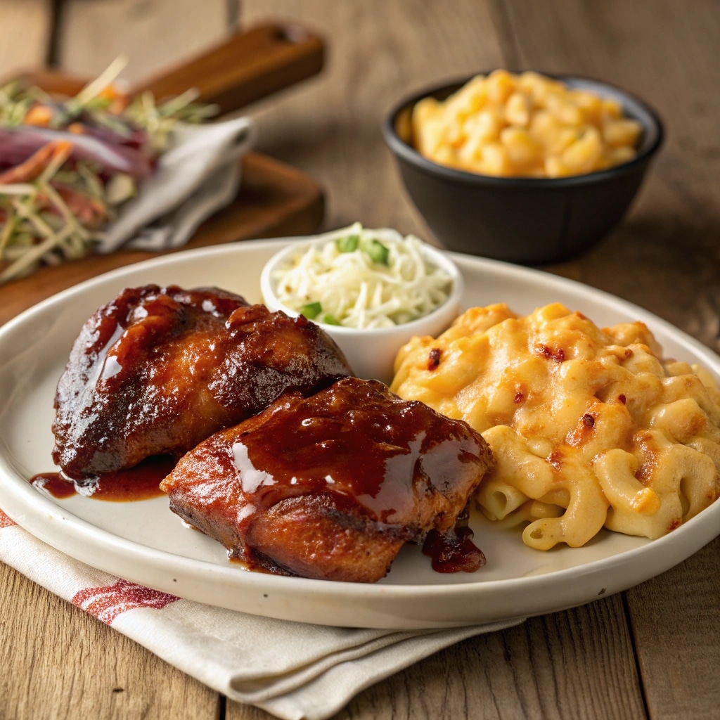 Smoked chicken thighs served with sides