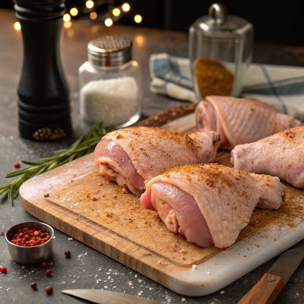 Chicken thighs being seasoned for smoking