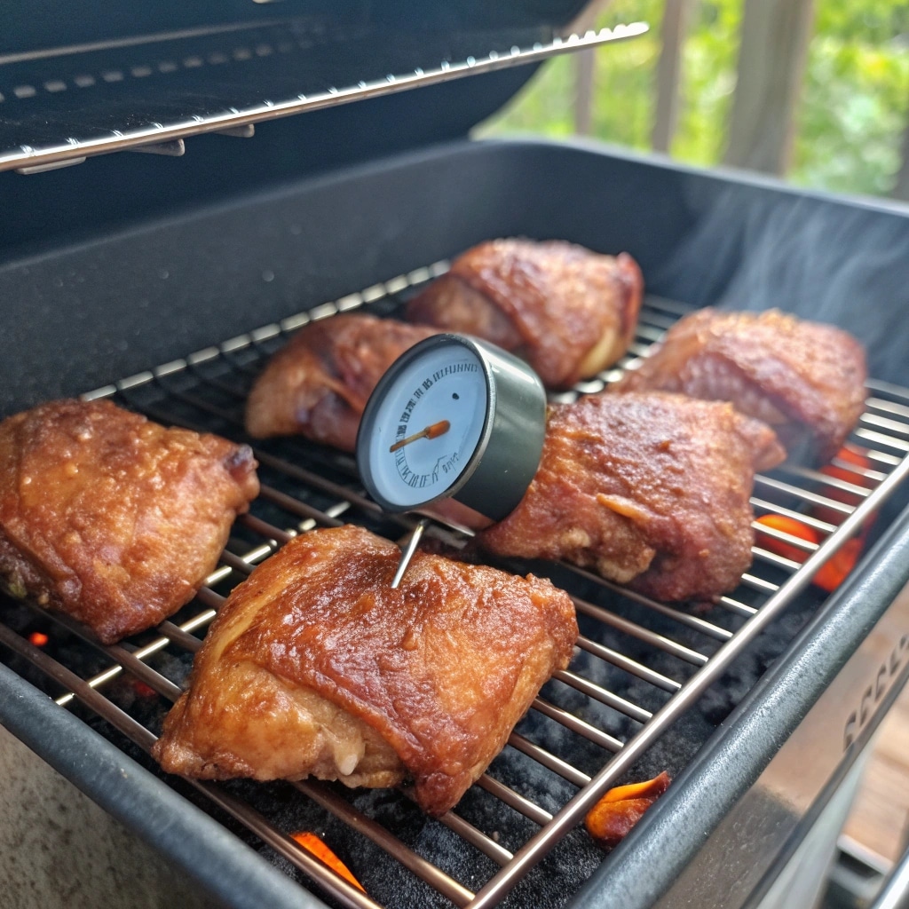 Smoked boneless chicken thighs on smoker rack