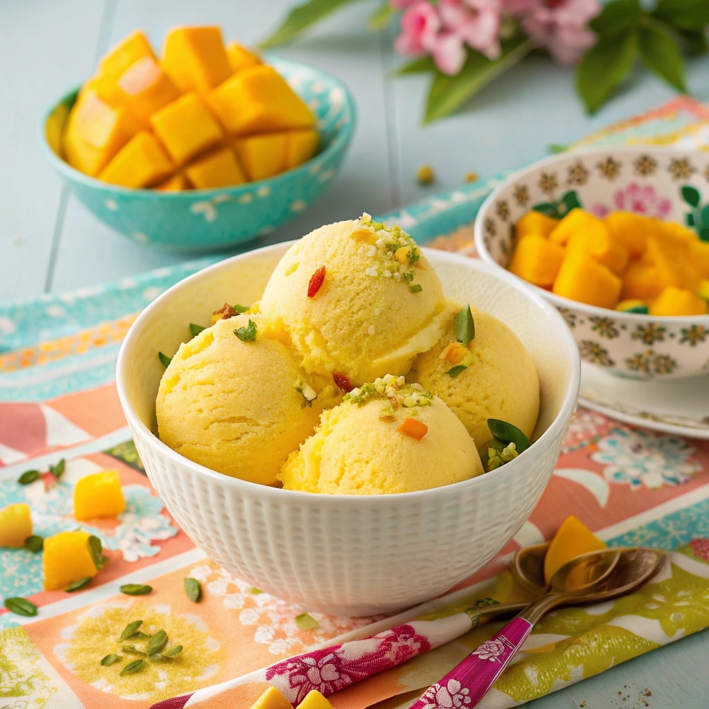 serving homemade mango ice cream with pistachios and mango chunks