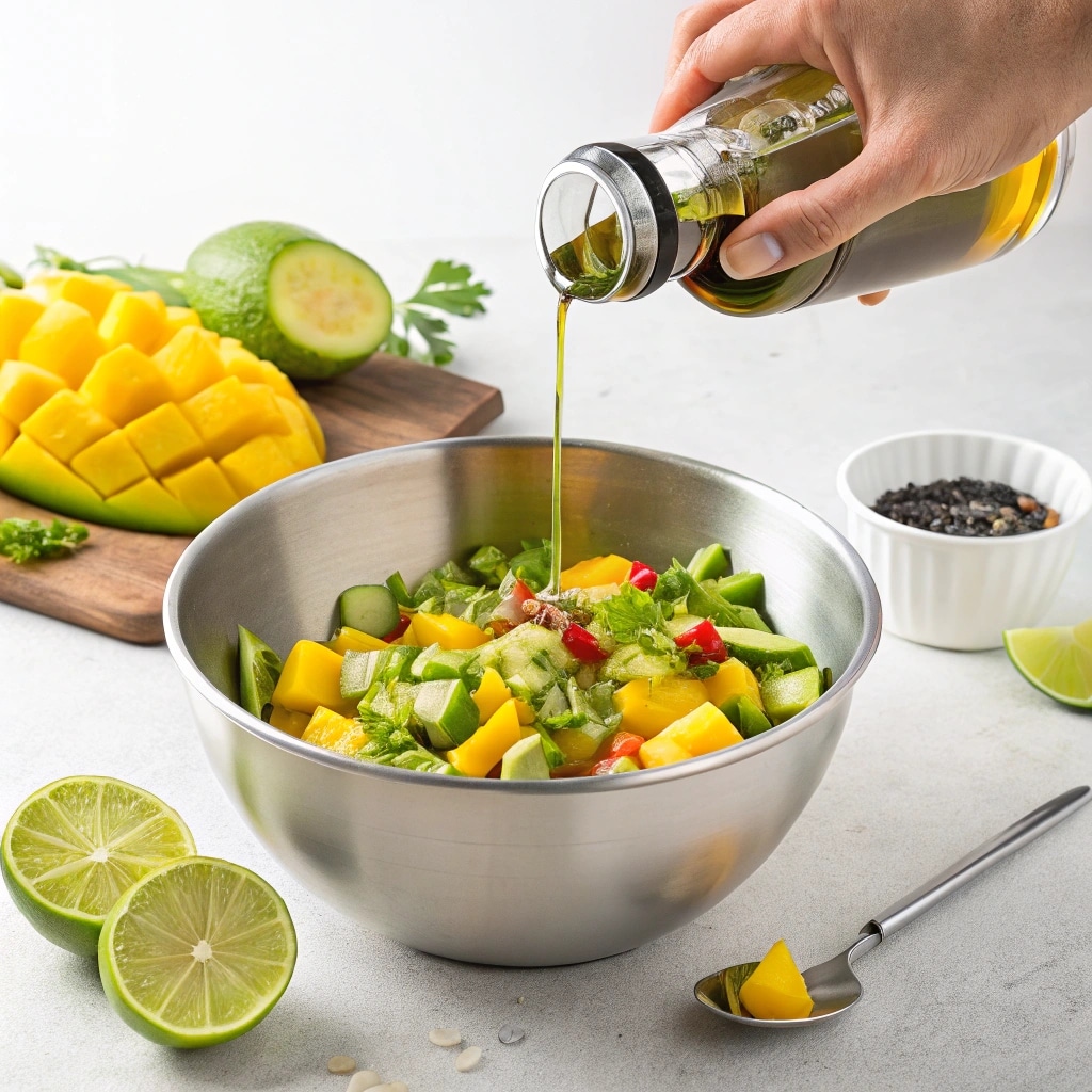 making mango salad with lime and herbs