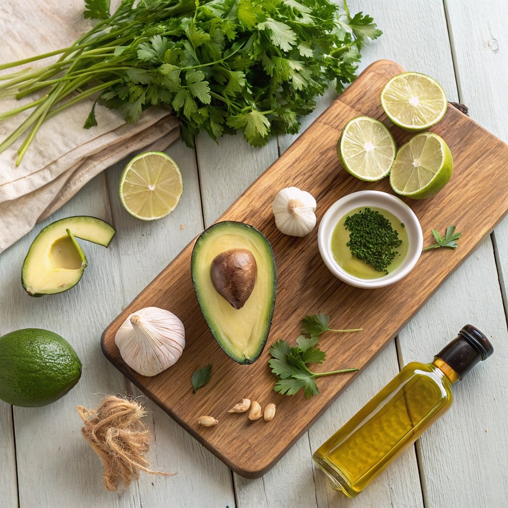 ingredients for avocado salad dressing including lime and avocado