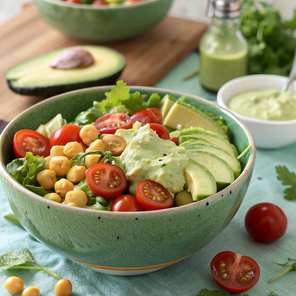 salad topped with creamy avocado salad dressing