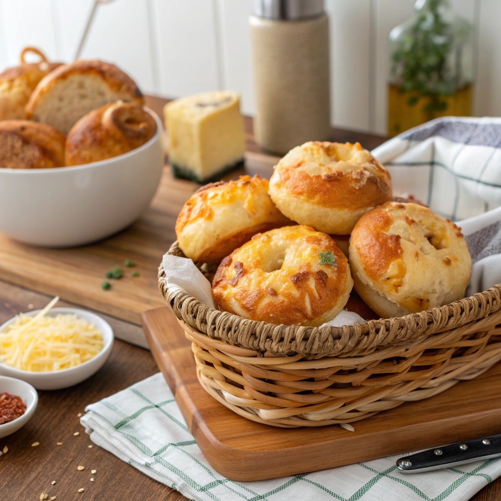 Bagel bites cooking in air fryer basket