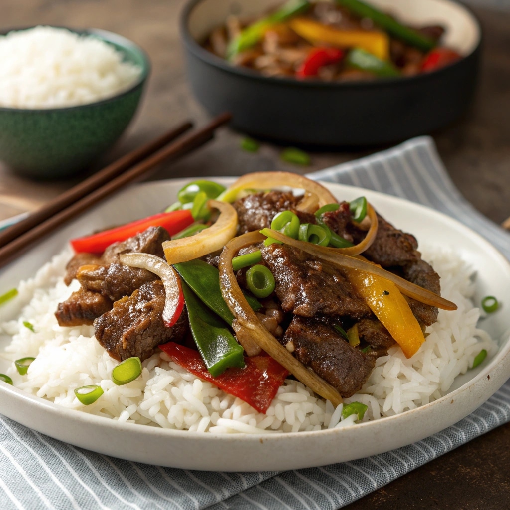 Sizzling Chinese pepper steak with onions on a plate.