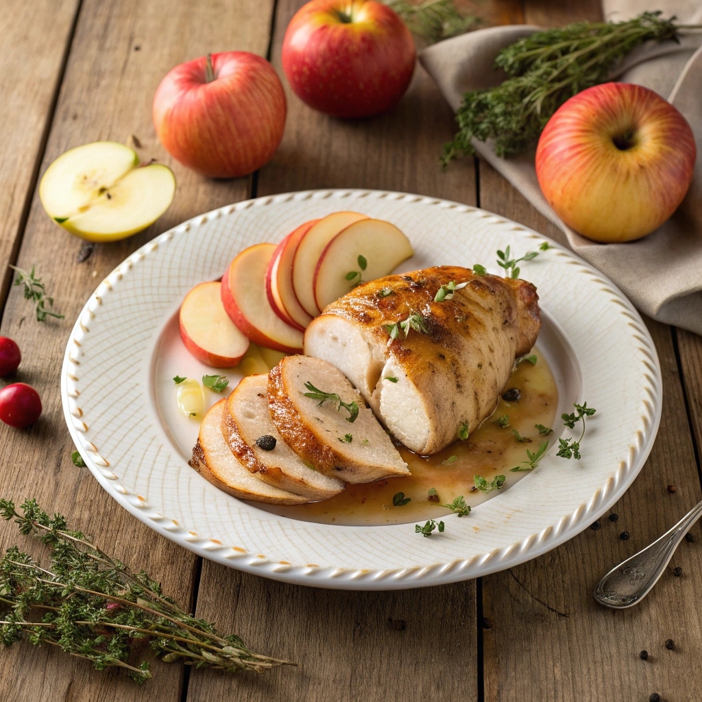 a beautifully plated apple and brie stuffed chicke