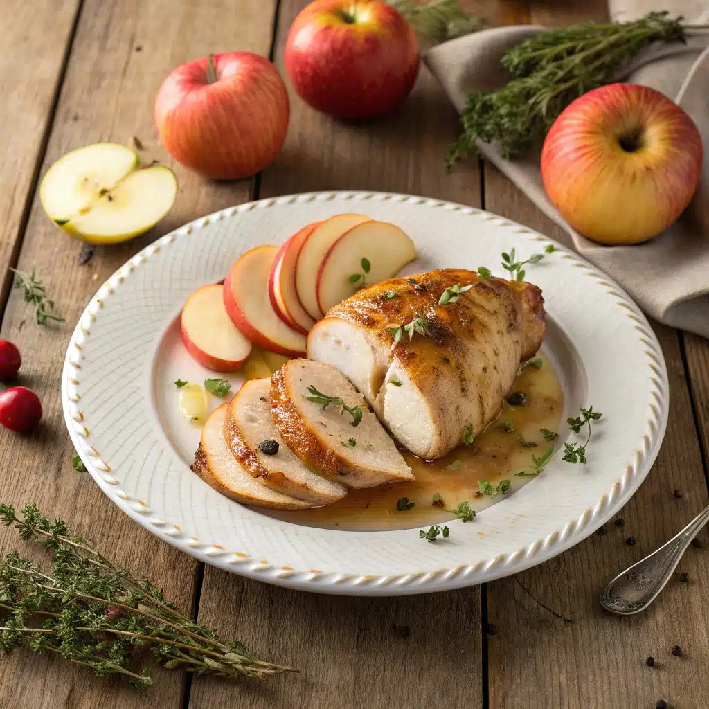 a beautifully plated apple and brie stuffed chicke