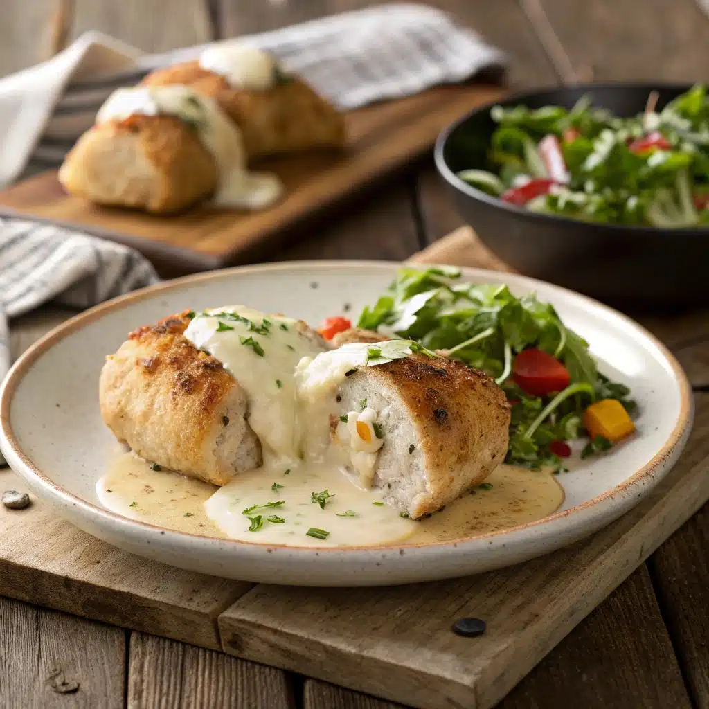 a beautifully plated chicken pillows with creamy p