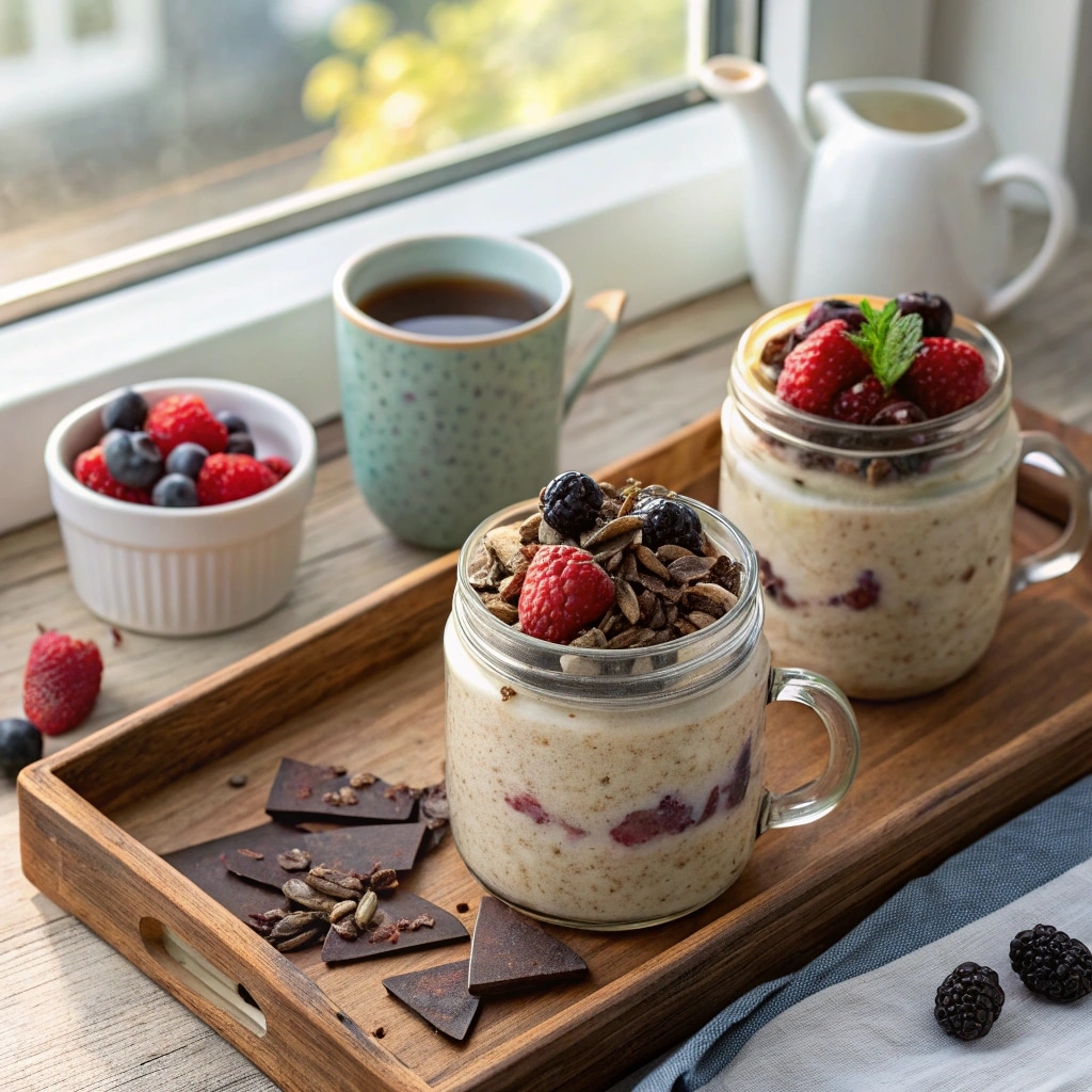Chocolate overnight oats recipe served with coffee