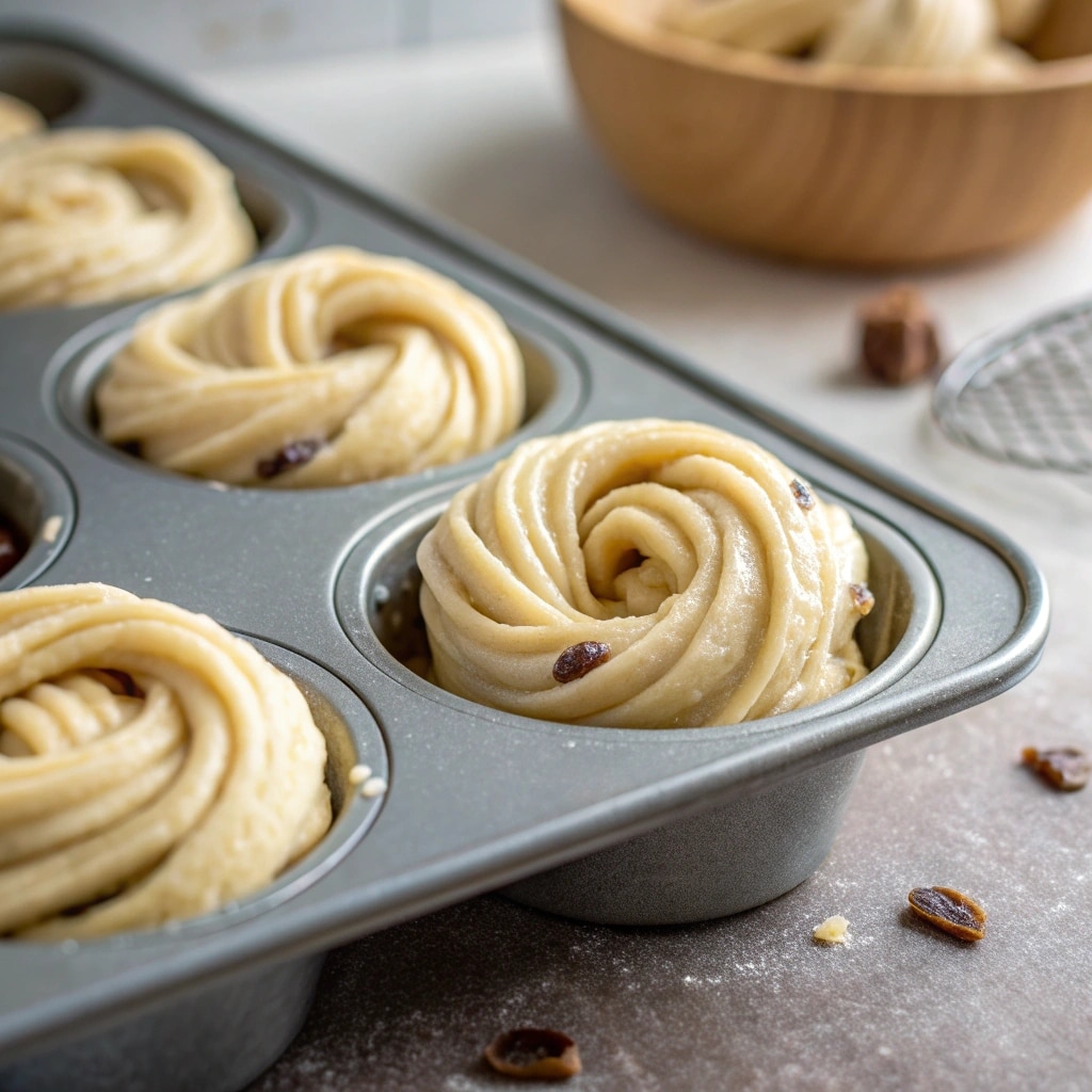 a close up photo of twisted cruffin dough being pl