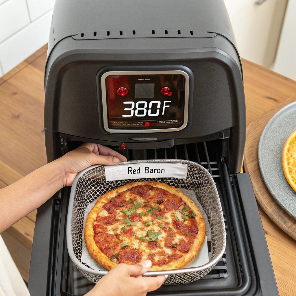 placing red baron pizza in preheated air fryer