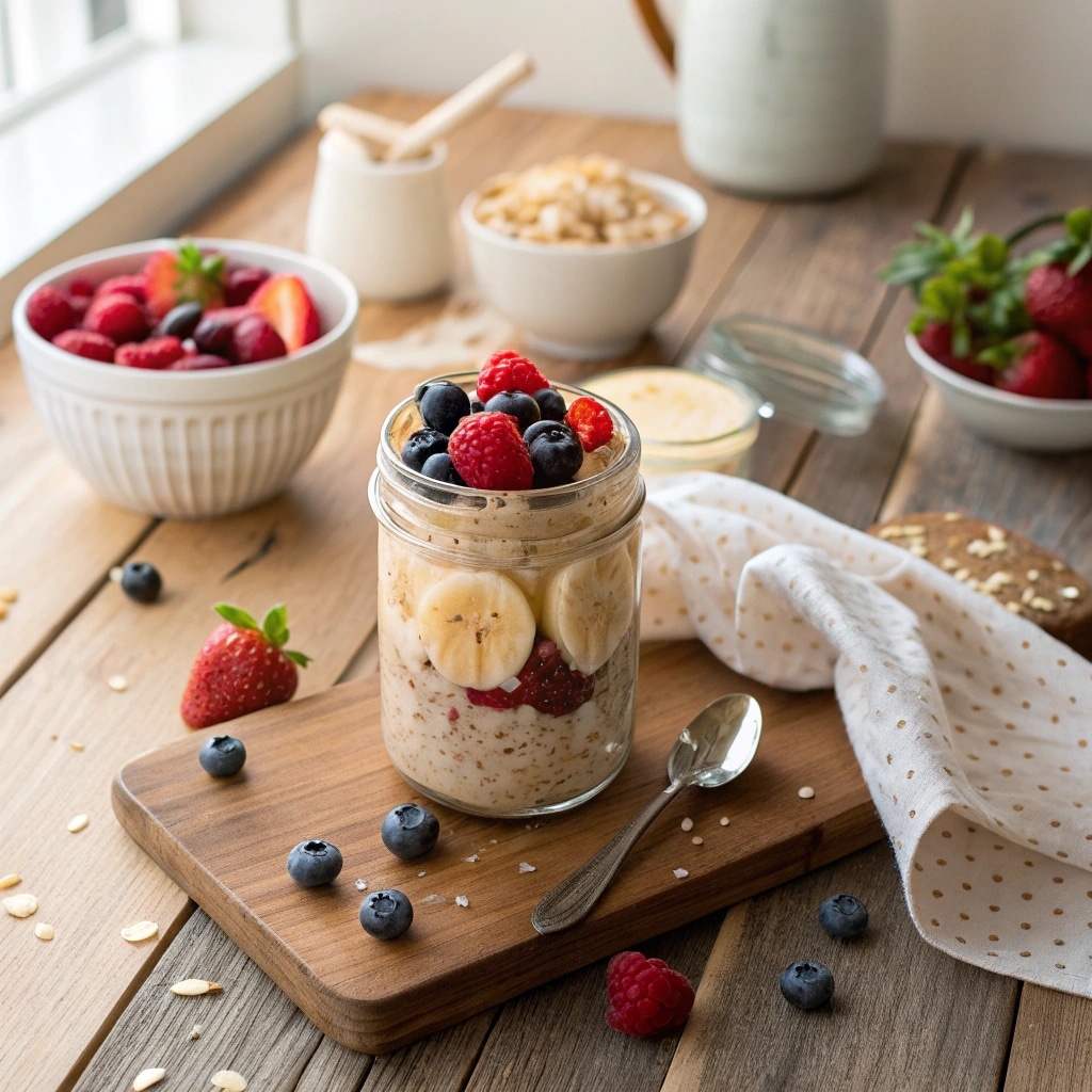 Overnight oats recipe in a mason jar with fruit and peanut butter