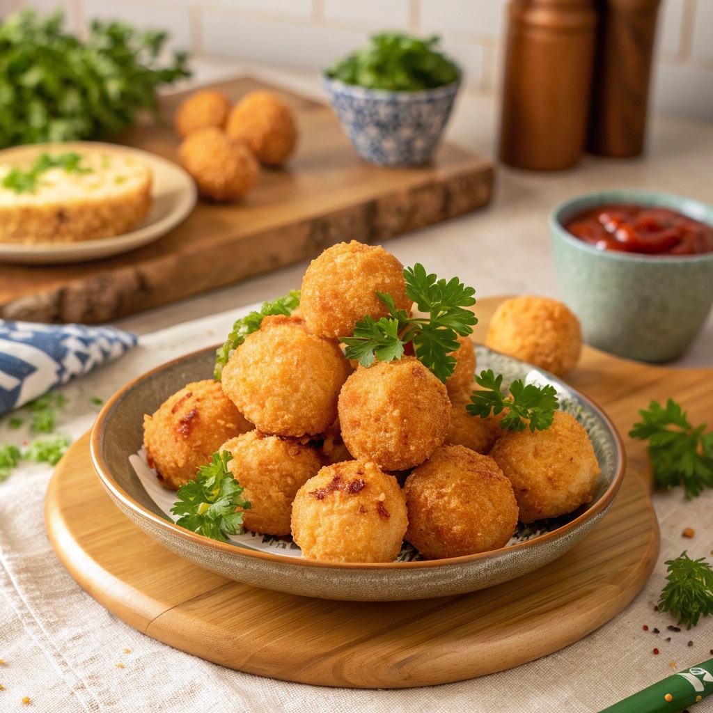 a vibrant plate of crispy fried macaroni and chees