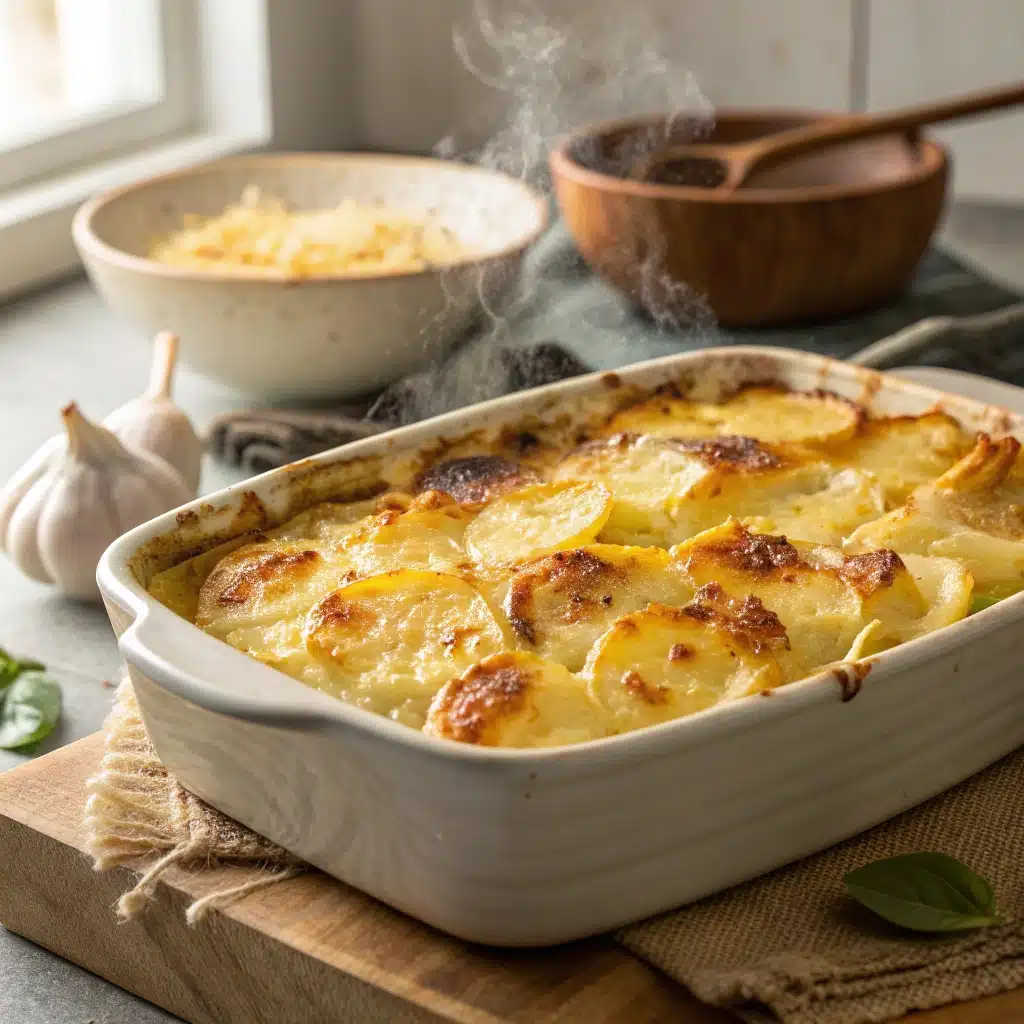 a warm baking dish of cheesy garlic potatoes grat