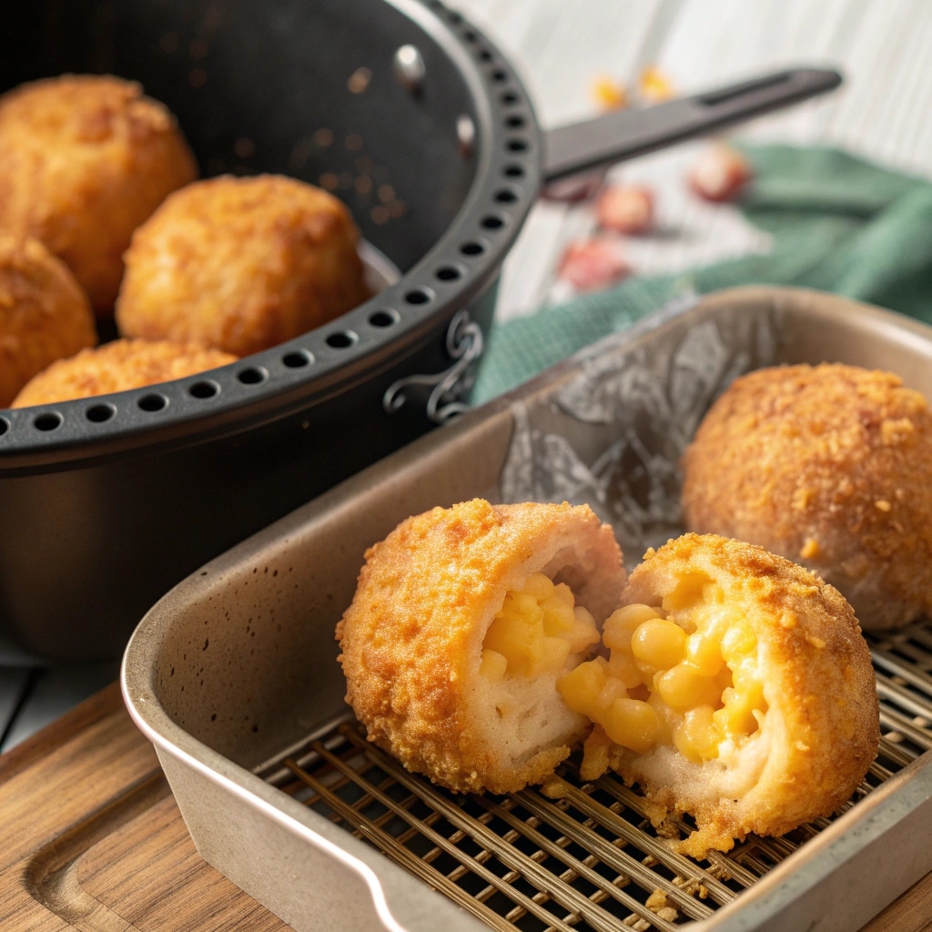 an air fryer basket with golden macaroni and chees