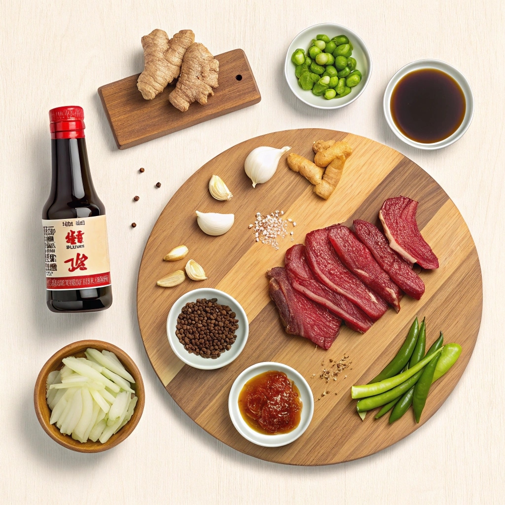 Ingredients for Chinese pepper steak arranged on a table.