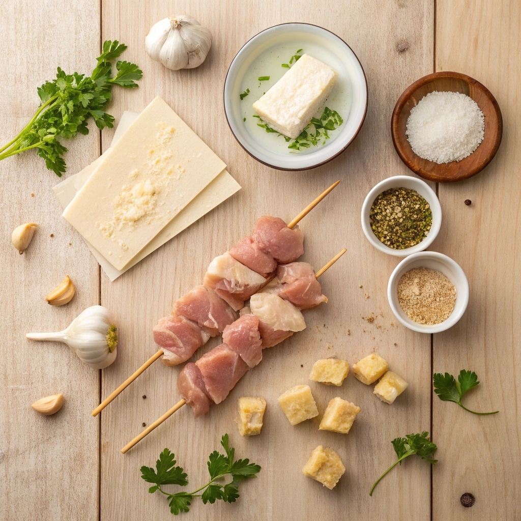 Ranch Garlic Parmesan Chicken Skewers 2 an artistic layout of ingredients for ranch garlic