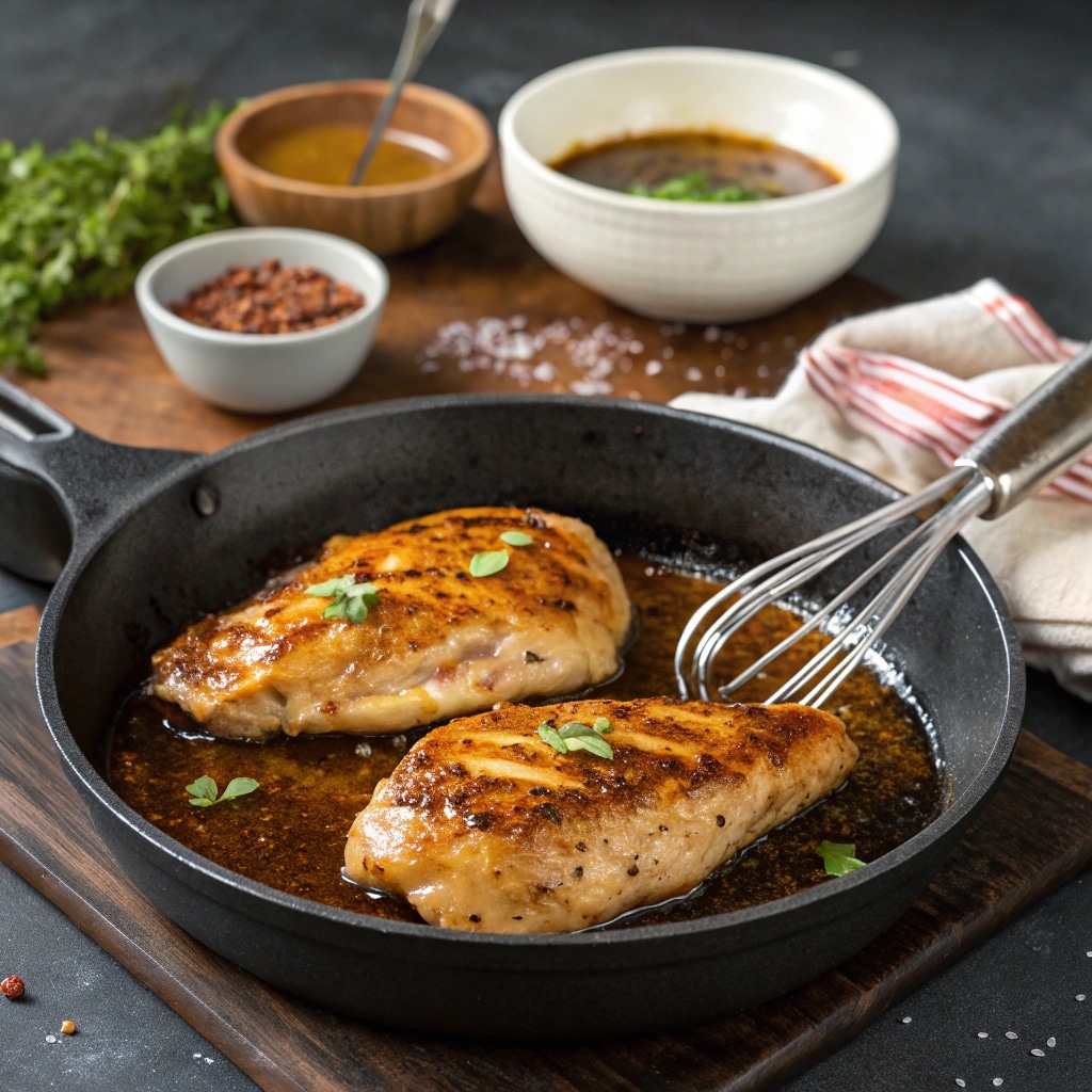 chicken breasts searing in a skillet with glaze pr