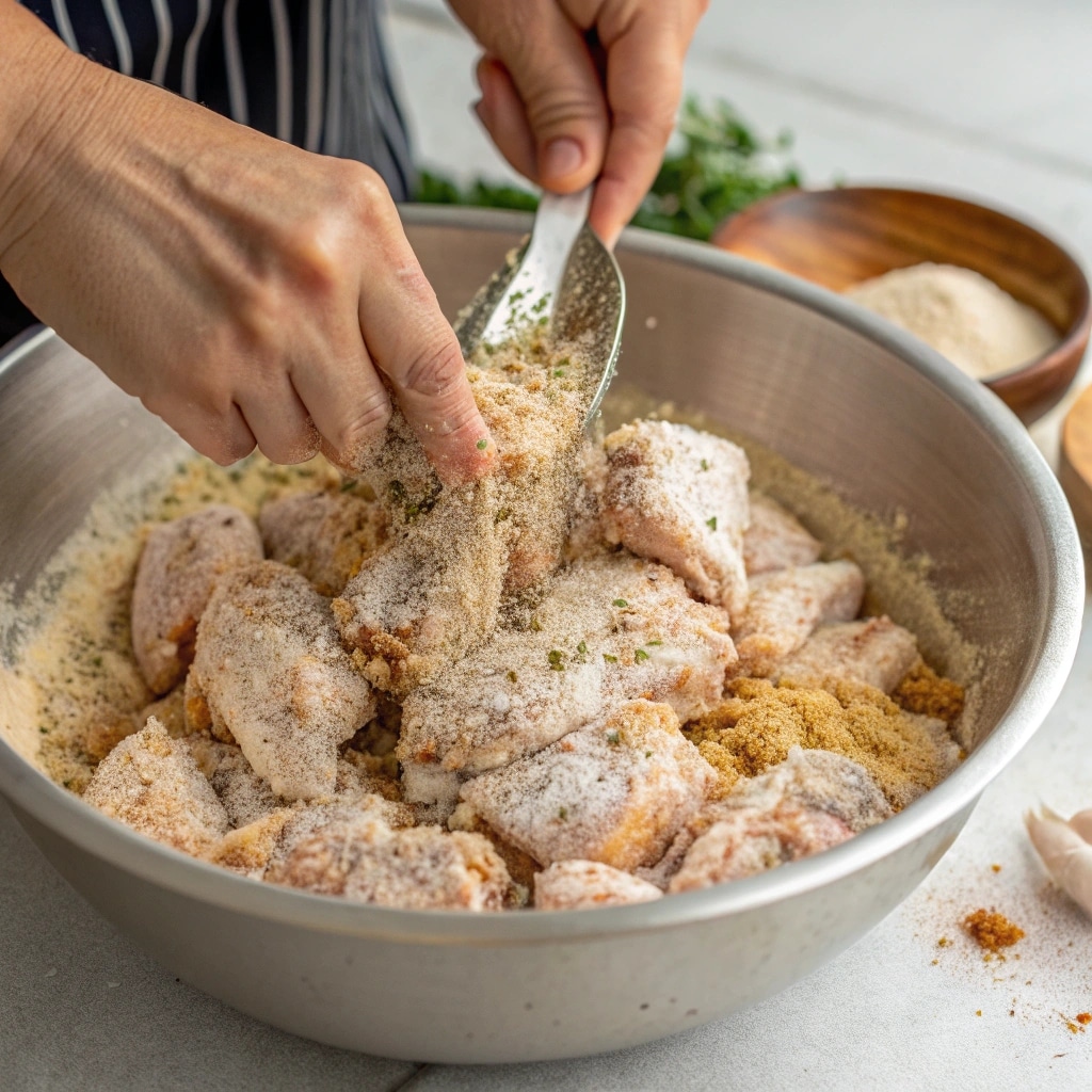 Ranch Garlic Parmesan Chicken Skewers 3 chicken pieces being coated in ranch seasoning and