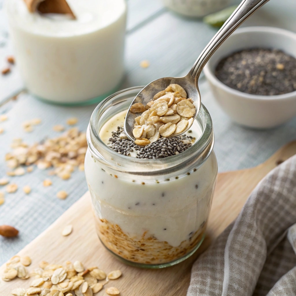 Mixing oats and milk for overnight oats recipe