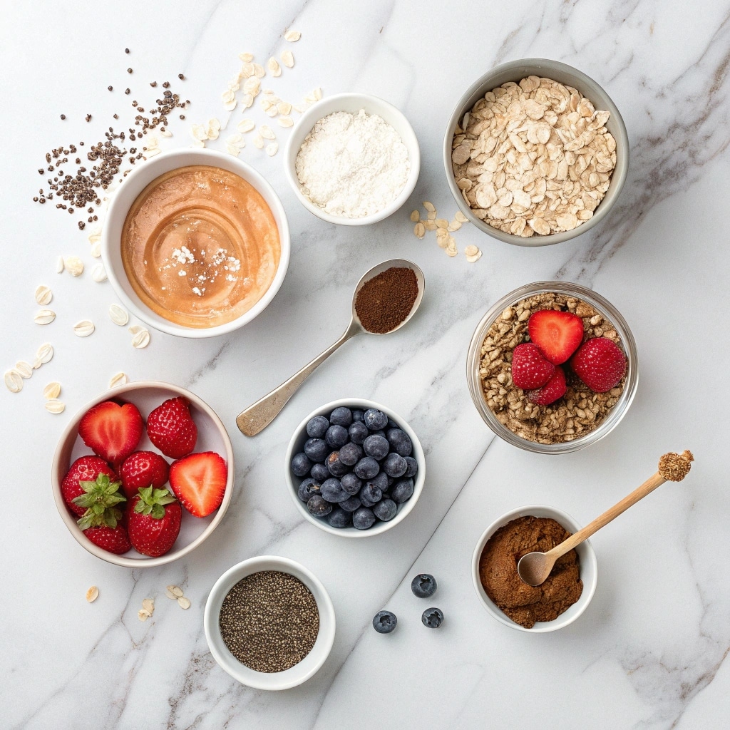Overnight oats recipe ingredients displayed on a countertop