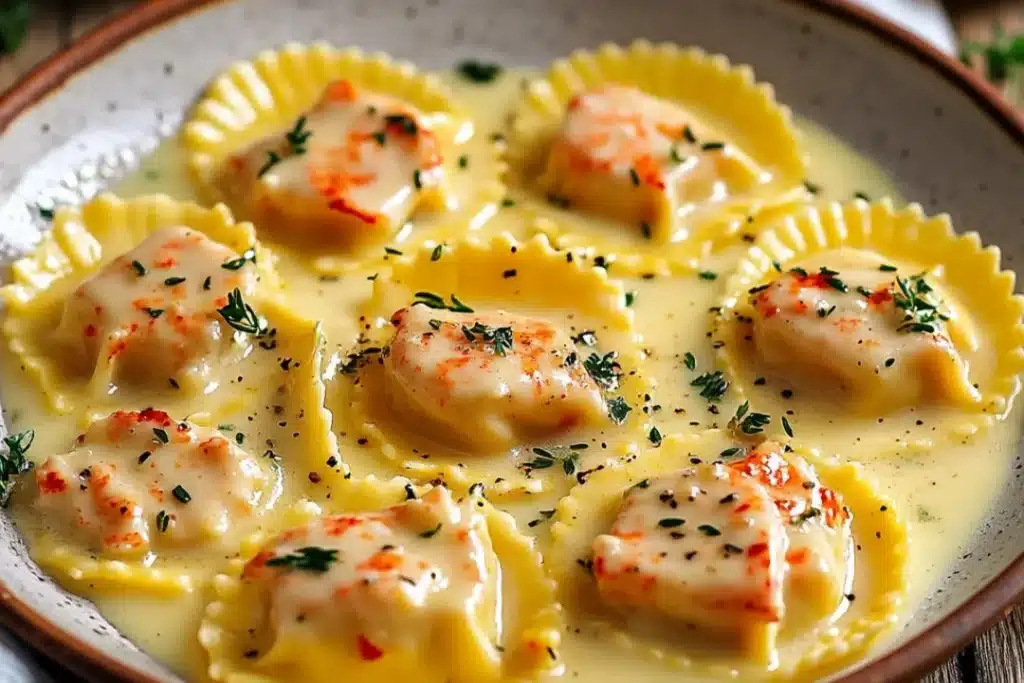 Delicious lobster ravioli served in lemon butter sauce