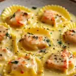 Delicious lobster ravioli served in lemon butter sauce