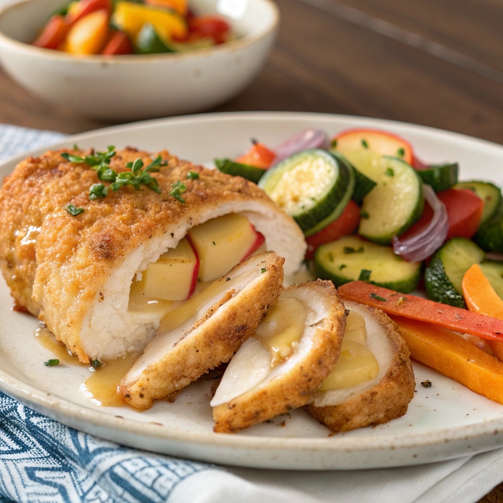 the apple and brie stuffed chicken plated with a c