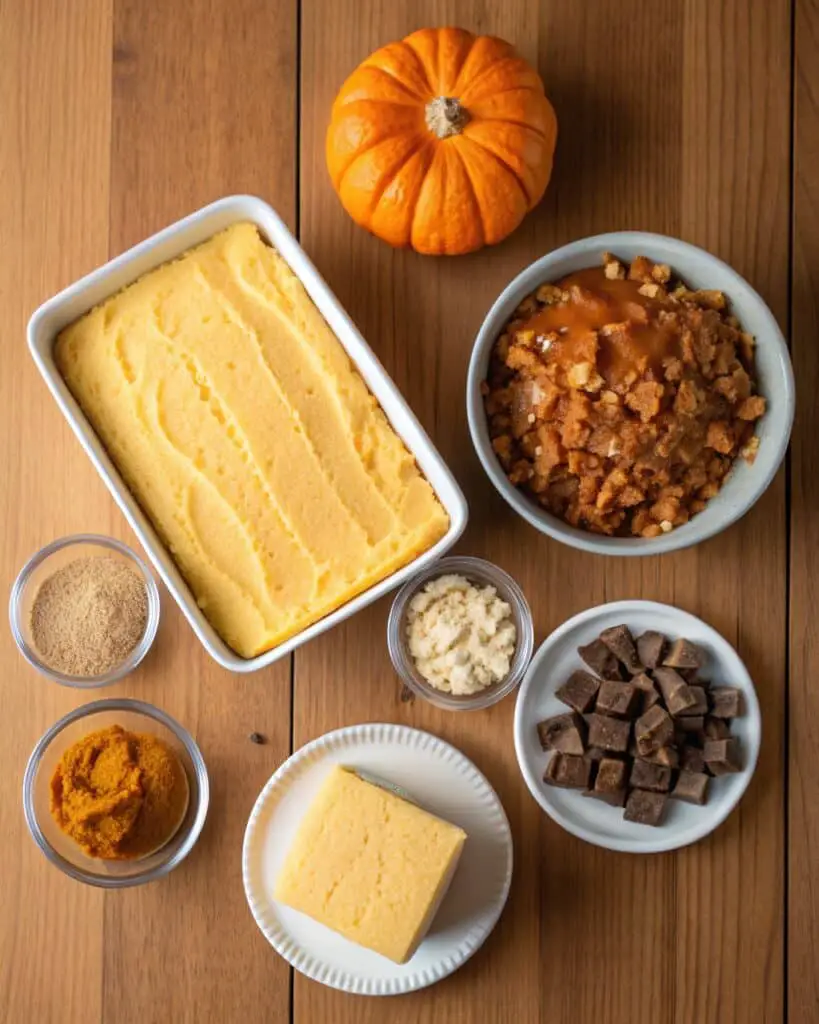 a flat lay of all ingredients for pumpkin poke cak