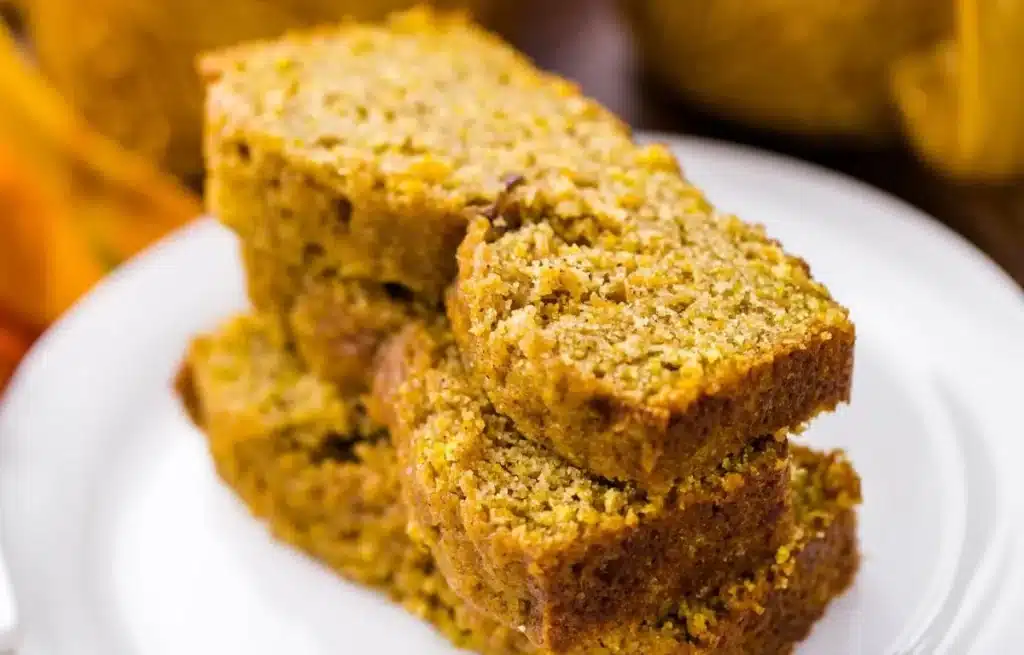 Homemade low calorie pumpkin bread slice on a plate