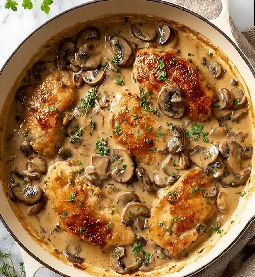 Creamy mushroom chicken served on a plate with fresh herbs