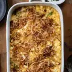 French Onion Funeral Potatoes topped with crispy onions and cheese.