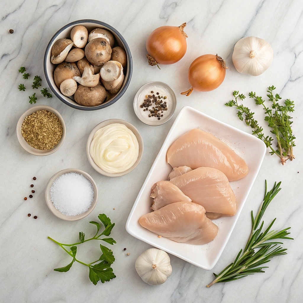 Fresh ingredients for Creamy Mushroom Chicken