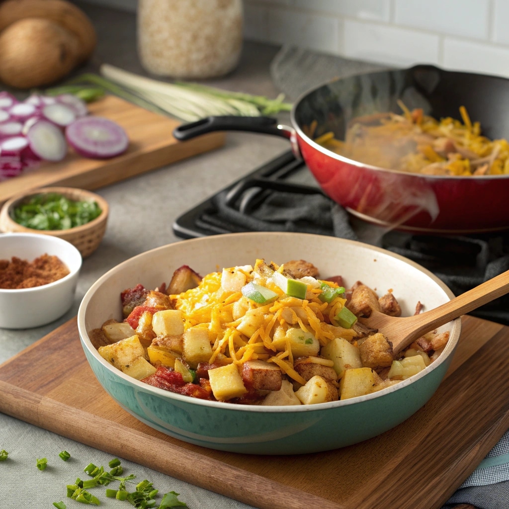 xing bowl filled with hash browns cheese and oth