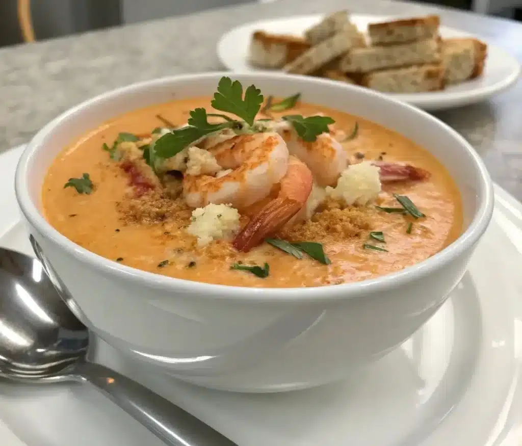 Crab and shrimp seafood bisque served in a bowl, garnished with fresh herbs.