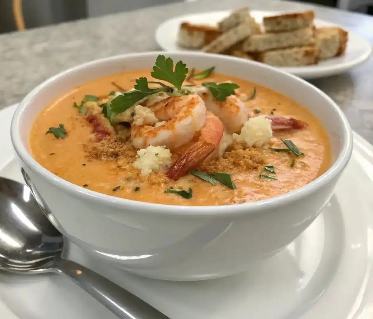 Crab and Shrimp Seafood Bisque: A Luxurious, Creamy Soup for Any Occasion 1 Crab and shrimp seafood bisque served in a bowl, garnished with fresh herbs.