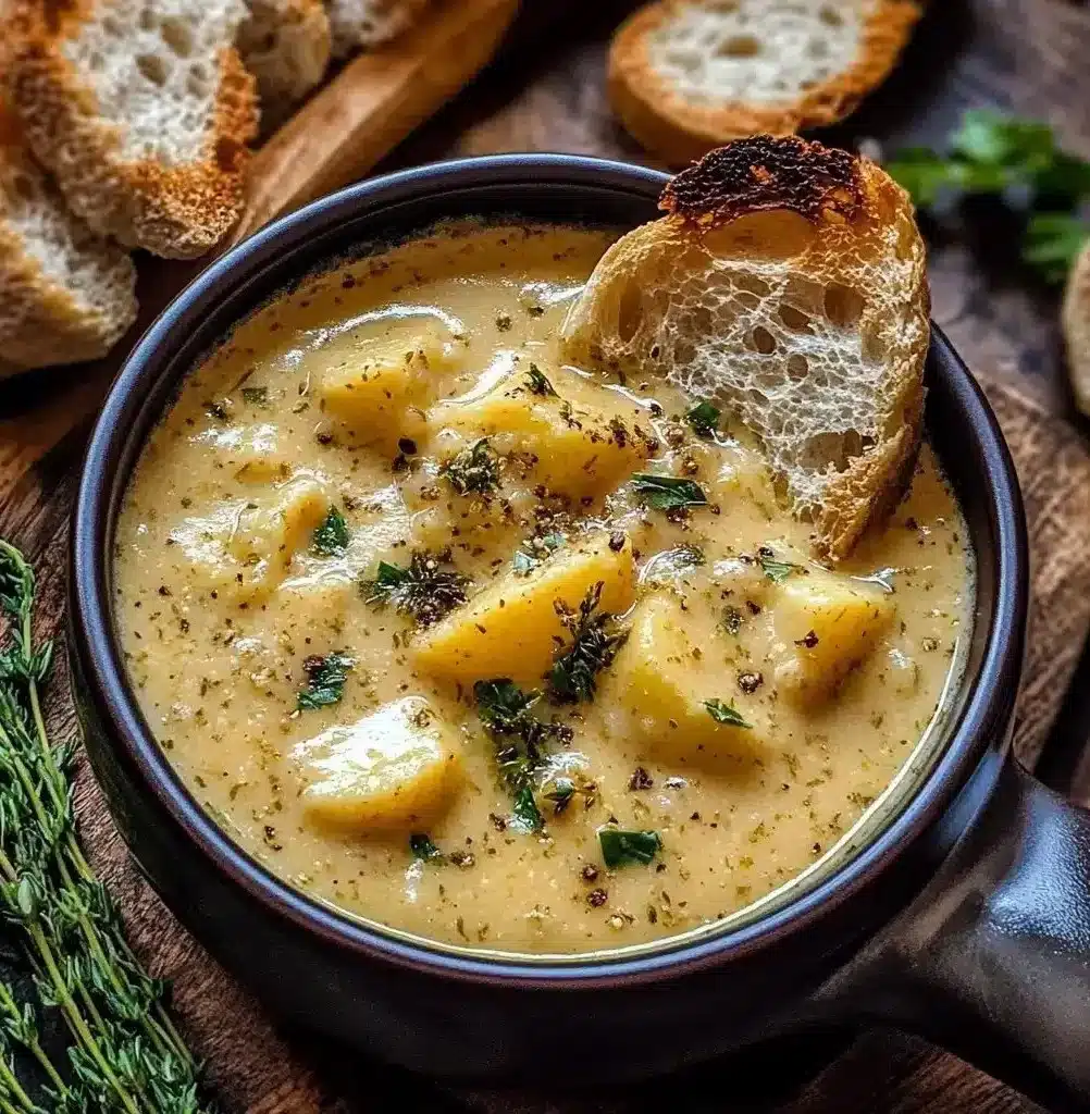 Bowl of hearty cheddar garlic herb potato soup with fresh herbs and cheese
