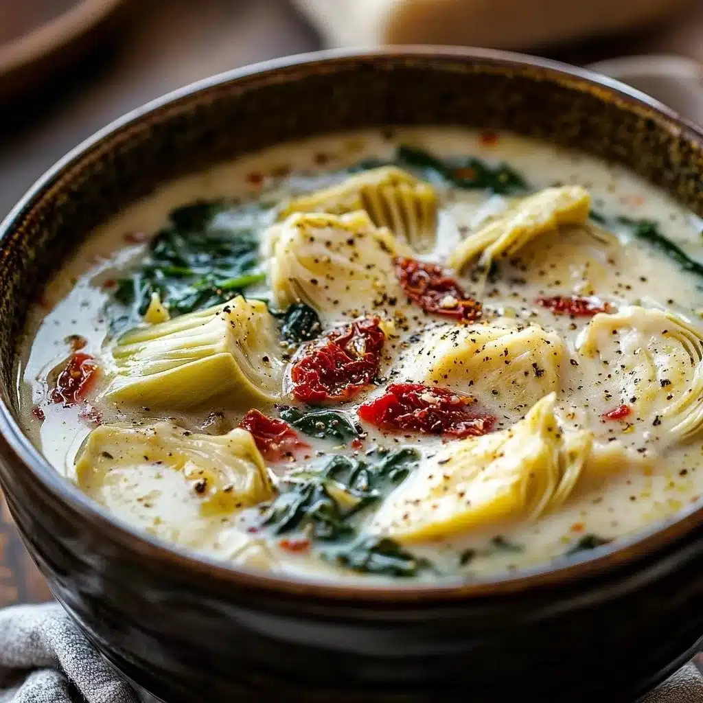 Bowl of Lemony Tuscan Artichoke Soup garnished with herbs