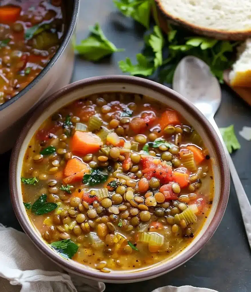 Bowl of Mediterranean Lentil Soup garnished with fresh herbs and spices.