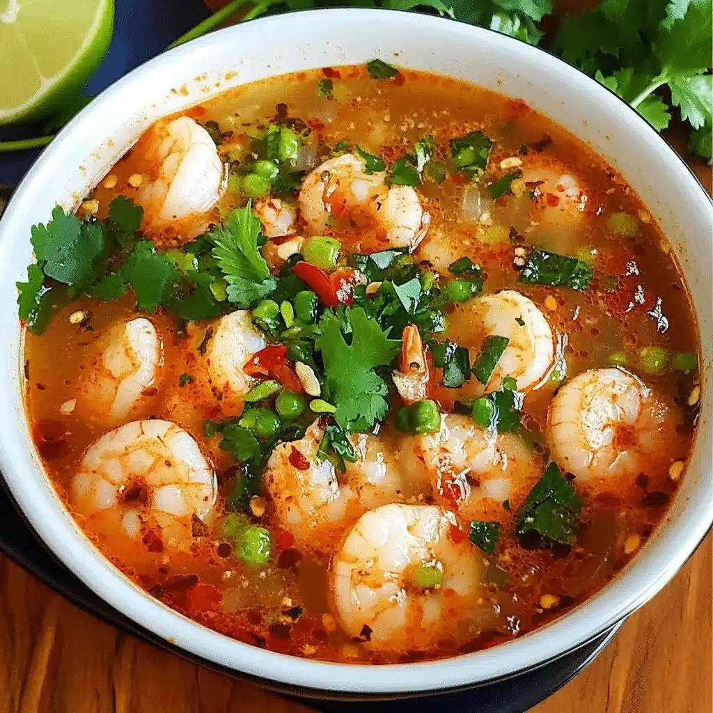 Bowl of quick and spicy shrimp soup garnished with herbs