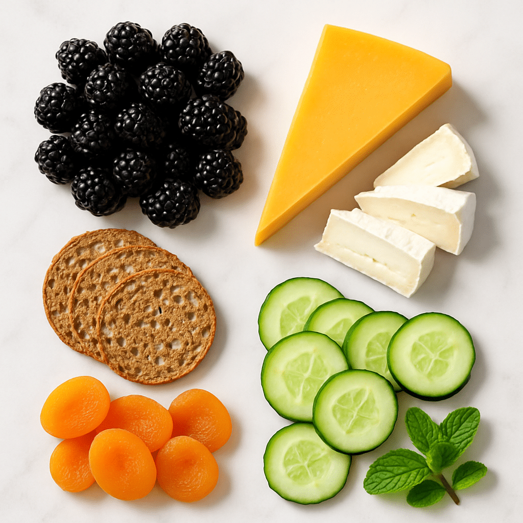 Halloween Black Cat Cheese Board with Fruit and Crackers 9 Halloween cheese board ingredients displayed, including cheese varieties and fresh fruit