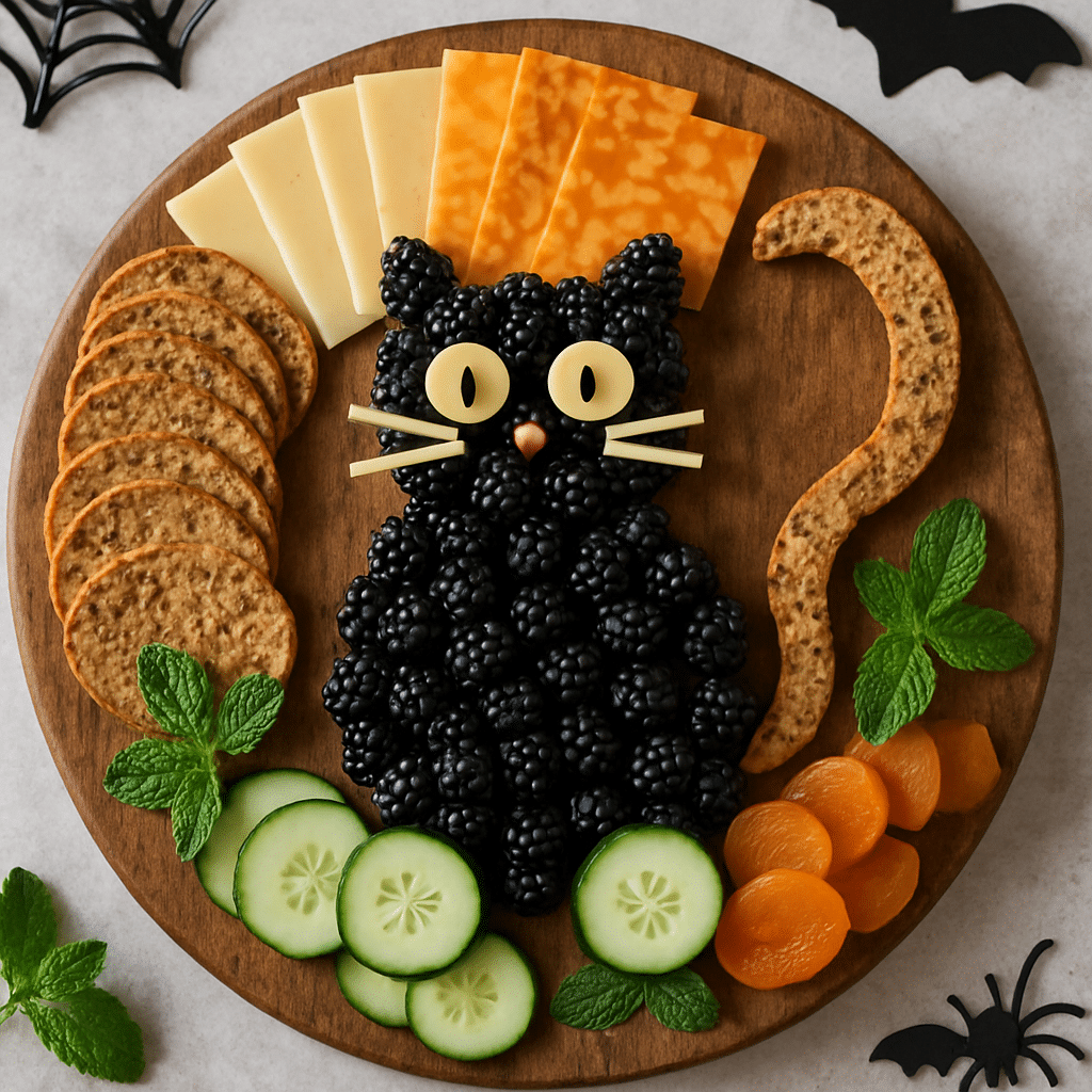 Halloween Black Cat Cheese Board with Fruit and Crackers 10 Halloween cheese board served for a party, with black cat and fruit details