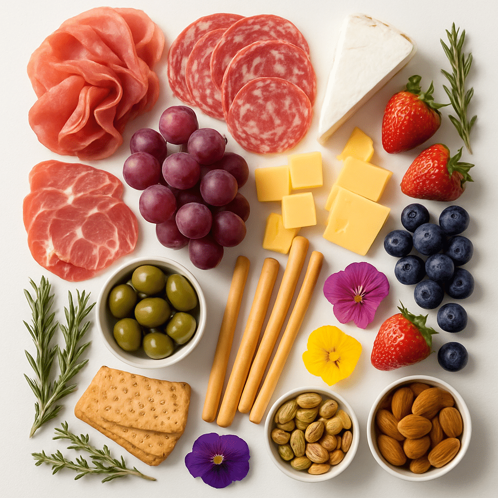 Stunning Charcuterie Bouquet Board for Parties and Celebrations 9 Ingredients for charcuterie bouquet grazing board, including meats, cheeses, fruits, and greens