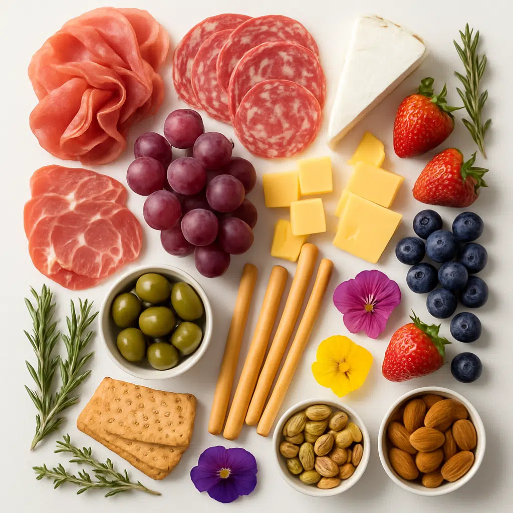 Ingredients for charcuterie bouquet grazing board, including meats, cheeses, fruits, and greens
