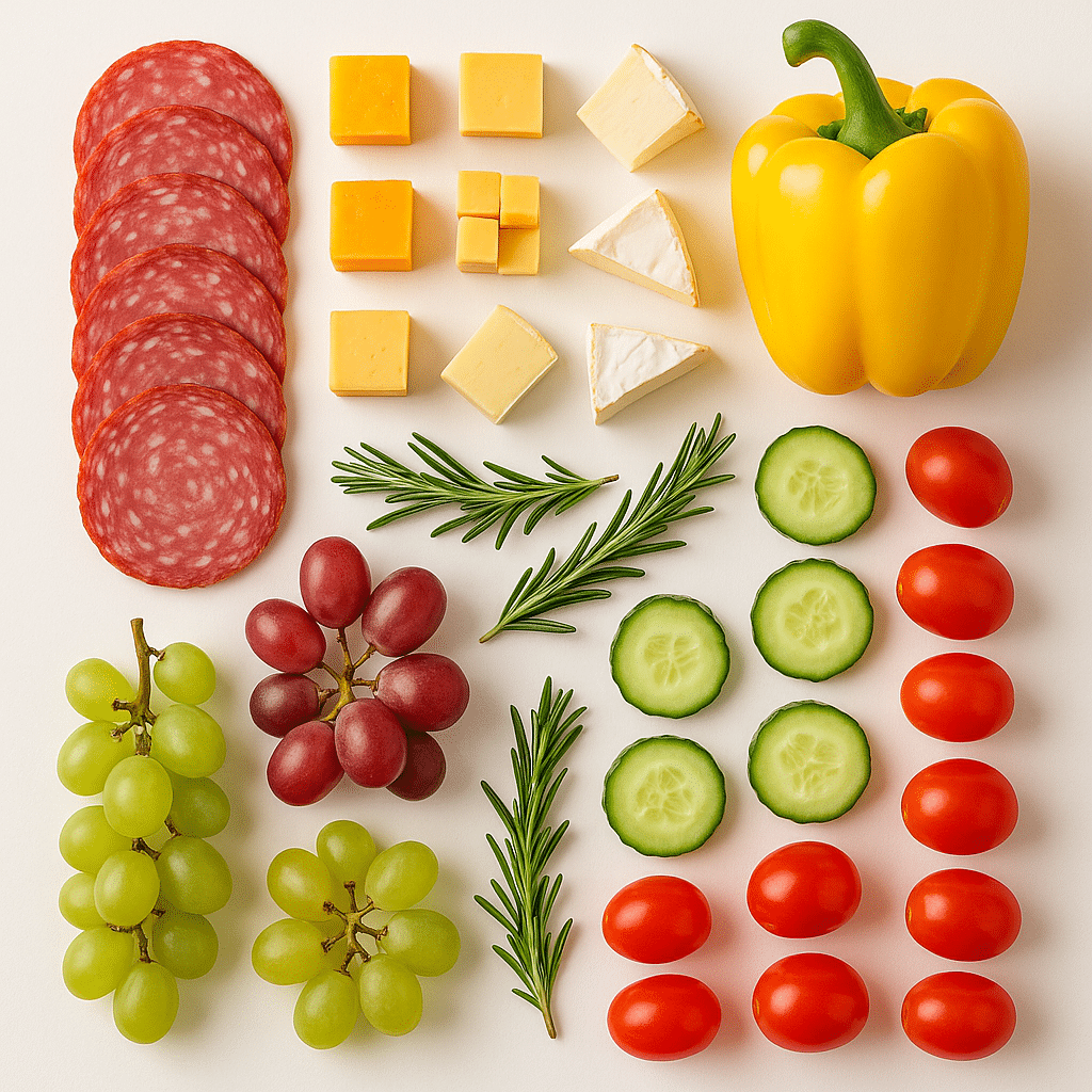How to Make a Stunning Charcuterie Bouquet Snack Board 6 Ingredients for charcuterie bouquet snack board—salami roses, cheese, grapes, and veggies